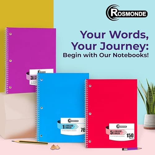 Rosmonde 5 Subject Notebook College Ruled, 6 Value Pack, 300 Pages (150 Sheets), 8 x 10-1/2", 5 Subject College Ruled Spiral Notebooks for School & Office, Thick Paper Fights Ink Bleed, 3 Hole Punched thumbnail 7