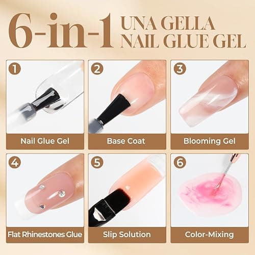 UNA GELLA 6 in 1 Gel Nail Glue for Nails Tips 10ml Long Lasting U V Nail Glue Super Strong Brush On Glue for Base Blooming Gel for Clear False Nail Tips and Press on Acrylic Nails Need Light Cured thumbnail 5