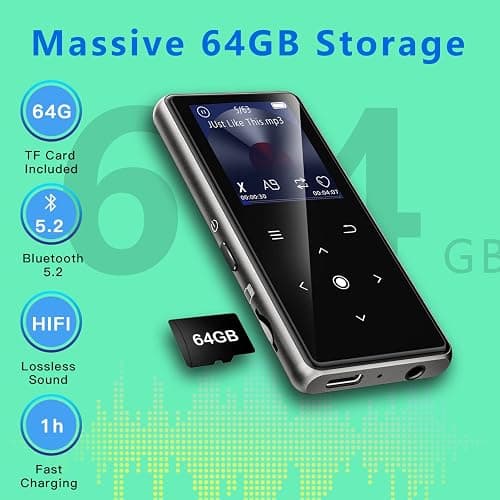 64GB MP3 Player with Bluetooth 5.2, AiMoonsa Music Player with Built-in HD Speaker, FM Radio, Voice Recorder, HiFi Sound, E-Book, Earphones Included thumbnail 3