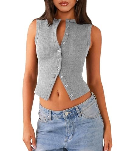Pungdra Womens Button Down Tank Top Sleeveless Ribbed Fitted Vest Casual Crewneck Trendy Y2K Going Out Crop Knit Vest Top - Image 1