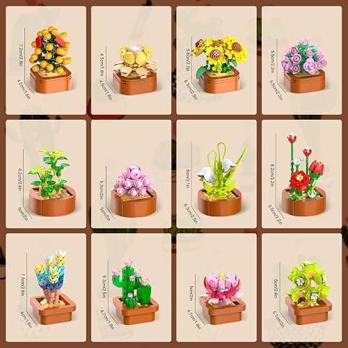 CUBIMANA 12 Pack Flowers Succulents Mini Building Set - 1403PCS Flower Botanical Collection for Home Décor 3.6MM Plant Building Blocks Toy, Party Favors for Christmas Birthday Adults Women Kids 10+ thumbnail 8