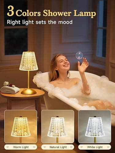 Valentines Gifts, Cordless Lamp, Crystal+Dimmable+3 Colors Rechargeable Lamp, Touch+2000mAh Battery Operated Vintage Ambient Light for Kitchen/Bedroom/Bathroom Shower, College Gifts for Teenage Girls thumbnail 5