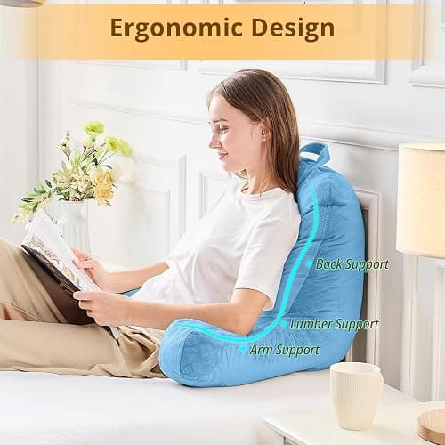 Sasttie Reading Pillow, Velvet Back Pillow for Bed Sitting Up, Adult Back-Rest Support Cushion with Arms for Sit Up on Couch, Sofa, and Floor, Dorm Essentials, Reading Accessories, Blue thumbnail 5