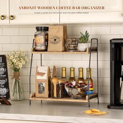 ANBOXIT Coffee Station Organizer for Countertop, 2 Tier Coffee Bar Accessories and Organizer, Wooden Kitchen Storage & Organisation, Countertop Organiser for Kitchen, Home, Office - Brown thumbnail 3