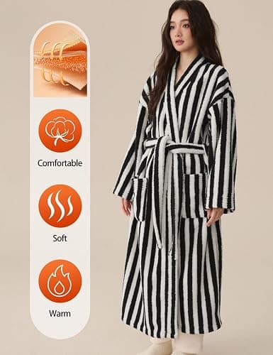 Arssm Womens Striped Fluffy Robe Long Plush Fuzzy Warm Bathrobes | Cozy Thick Loungewear, Maxi Robe, Color Block, Housecoat thumbnail 5