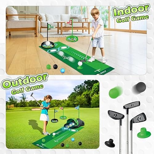 TERRAMUS Upgraded Kids Toy Golf Set with Dinosaur Automatic Golf Returner, Led Light Up Night Golf Balls, 3 Clubs, Putting Mat, 3-8 Toddler Mini Golf Games, Indoor Outdoor Sports Toys for Boys Girls thumbnail 6