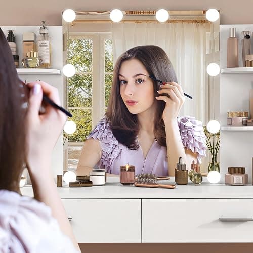 usikey Vanity Desk with Mirror and Lights, Makeup Vanity Set with 2 Drawers and Open Shelves, Makeup Vanity Desk Dressing Table with Cushioned Stool and 10 LED Lights, White thumbnail 7