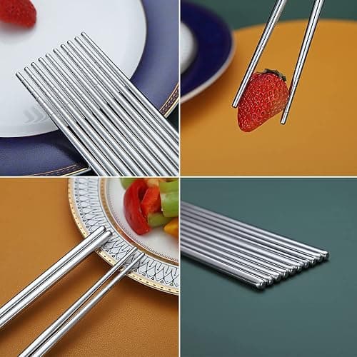 10 Pairs Reusable Chopsticks, Stainless Steel Metal Chop Sticks, Japanese Chinese Korean Chopstick Dishwasher Safe, 8.9 Inch (Silver / Chop sticks) thumbnail 7