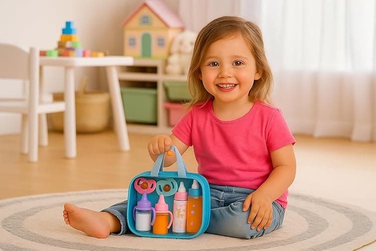 fash n kolor My Sweet Baby Disappearing Doll Feeding Set, Baby Care 6 Piece Doll Feeding Set - for Toy Stroller | 2 Milk & Juice Bottles with 2 Toy Pacifier for Baby Dolls (Blue) thumbnail 5