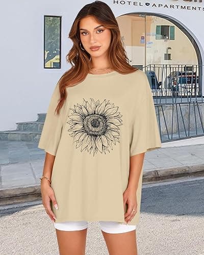 Womens Oversized Tshirt Graphic Tees Crew Neck Summer Short Sleeve Loose Fit Tops - Small - A-sunflower Print Khaki thumbnail 5