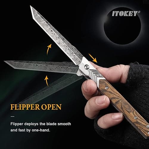 ITOKEY EDC Pocket Knife for Men, 3.7 inch Slim Folding Knife with Tanto Blade and Liner Lock, Unique Gentleman's Gift, Thin Cool Knives for Outdoor Camping, Pocket Sheath for Keychain Everyday Carry thumbnail 4