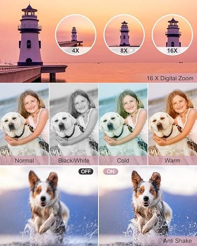CAMKORY Digital Camera 1080P 44MP FHD Compact Digital Camera 16X Digital Zoom Anti-shake Vlogging Camera for Students Seniors Beginner Pink thumbnail 4