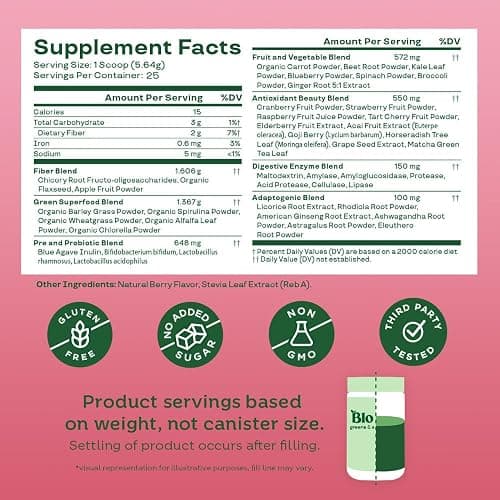 Bloom Nutrition Superfood Greens Powder, Digestive Enzymes with Probiotics and Prebiotics, Gut Health, Bloating Relief for Women, Chlorella, Green Juice Mix with Beet Root Powder, 25 SVG, Berry thumbnail 4