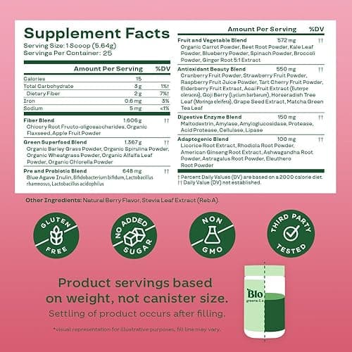 Bloom Nutrition Superfood Greens Powder, Digestive Enzymes with Probiotics and Prebiotics, Gut Health, Bloating Relief for Women, Chlorella, Green Juice Mix with Beet Root Powder, 25 SVG, Berry thumbnail 5