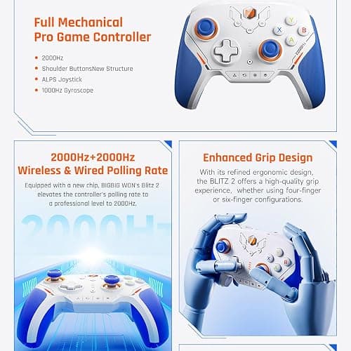 BIGBIG WON BLITZ 2 Pro PC Video Game Controller, TMR Electromagnetic Joystick,2000Hz Wireless Polling Rate,1000Hz Gyroscope,16 Mechanical Buttons,PC+Mobile APP Gamepads for FPS Games-Gray thumbnail 4