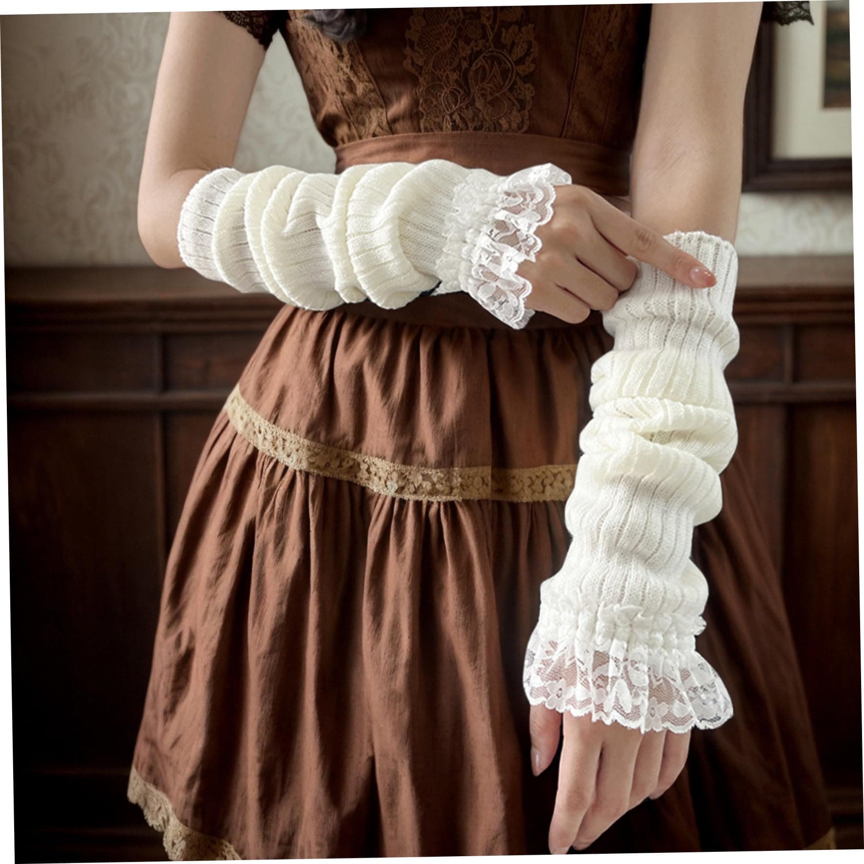Knitted Arm Warmers, Kawaii Knit Wrist Warmers with Lace, Long Japanese Harajuku Goth Fingerless Sleeve for Goth, JK Uniform and Lolita Outfits/17.7, White, White thumbnail 3