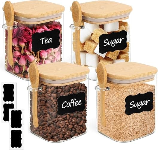 ComSaf 0.8 Qt Glass Jars with Bamboo Lids & Spoons Set of 4, Square Glass Containers with Lids, Sugar Coffee Containers Salt Spice Jars, Pantry Storage Container for Loose Tea, Candy, Brown Sugar, Nut - Image 1