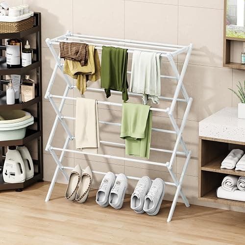 STARLATTA Foldable Drying Rack Clothing, 3-Tier Portable Clothes Drying Racks for Indoor & Outdoor, Anti-Rust Compact Laundry Rack Collapsible, White 28" D x 10" W x 35" H thumbnail 2