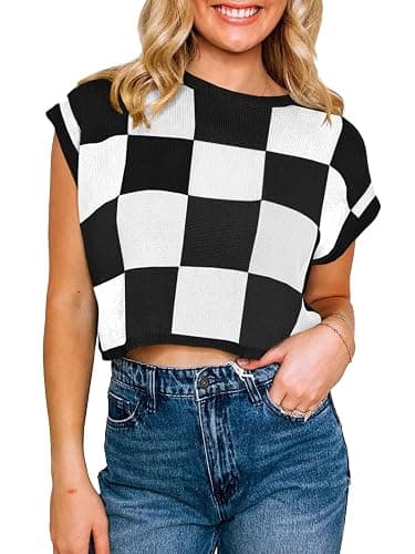Saodimallsu Womens Cap Sleeve Crop Tops Summer Color Block Going Out Crew Neck Knit Trendy Casual Sweater thumbnail 2