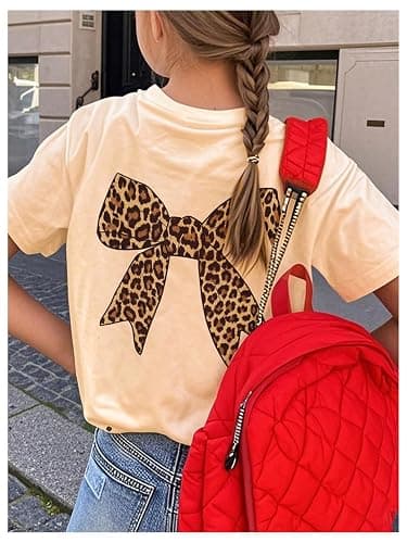 RoseSeek Girl's Bow Leopard Graphic Tees Short Sleeve Preppy Summer T Shirt Aesthetic Baggy Tops thumbnail 4