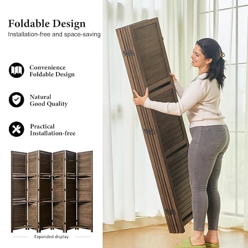 Partition Room Dividers, Folding Wood Privacy Screen with Three Display Shelves Suitable for Home Office, Study, Art Display - 6 Panel, 67 * 77inch (Brown) thumbnail 3