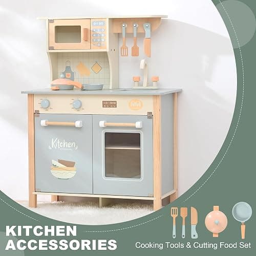 Play Kitchen for Toddlers, Kids Kitchen Playset Toy Kitchen Set, Toddler Kitchen Playset Wooden with with Faucet, Oven, Cookware Accessories thumbnail 4