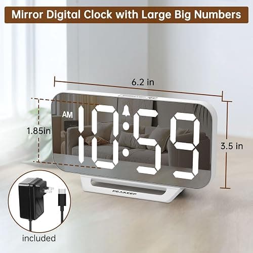 Peakeep Slim Digital Mirror Aesthetic Alarm Clock for Bedrooms Desk Decor, Plug in Electric Big LED Modern Small Clock for Office Living Room, Battery Backup, 6 Dimmers (White) thumbnail 2