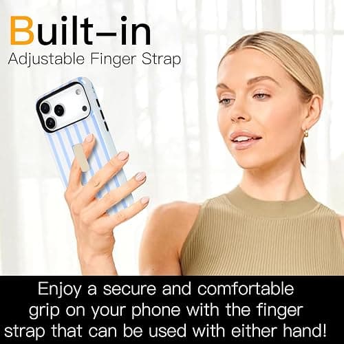 SOKAD Vertical Stripes Phone Case for iPhone 17 Pro Max with Finger Strap Kickstand, Cute Striped Line Pattern for Girls Women, Glossy Shockproof Protective Cover, Light Blue thumbnail 2