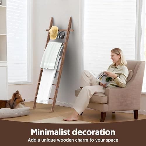chilinii Farmhouse 6 Ft Wooden Blanket Ladder with Removable Hooks, 6-Tier Rustic Blanket Rack Decorative Stand, Leaning Towel Quilt Rack Holder for Bathroom Living Room Decor Brown thumbnail 9