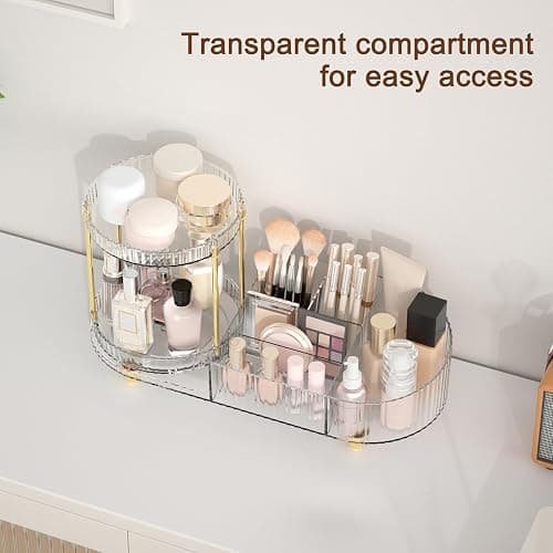 Makeup Organizer Countertop for Vanity, Rotating Perfume Tray with 5-compartment Cosmetic and Skincare Organizers, Multi-Purpose Desk Storage Makeup Brush Holder for Bathroom Bedroom Counter thumbnail 4