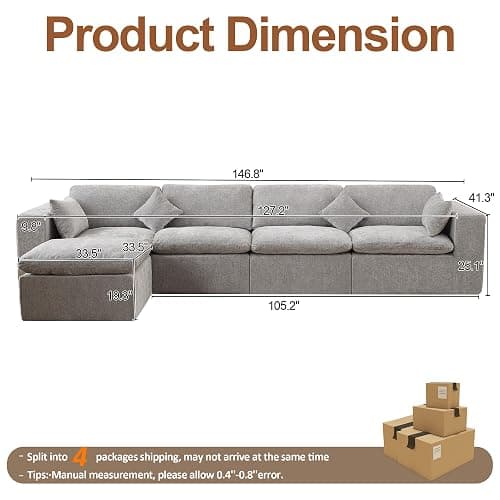 146''Cloud Boneless Sectional Couch, Modular Sectional Sofa Deep Seat with Ottoman, Oversized Upholstered Convertible Comfy 5 Seater Chenille Sofa L Shape Couches for Living Room, Light Grey thumbnail 2