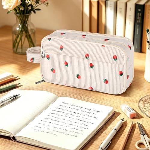 YILANCOL Cute Corduroy Pencil Case Pouch with Handle,Extra Large 4 Compartment Aesthetic Pen Case Pouch Organizer Gifts for Teen Girls,School,College,Birthday Gifts (Beige Strawberry) thumbnail 2