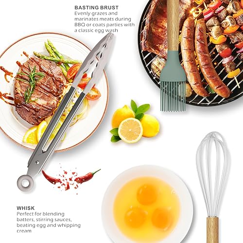 oannao Silicone Cooking Utensils Set - 446°F Heat Resistant Silicone Kitchen Utensils for Cooking,Kitchen Utensil Spatula Set w Wooden Handles, BPA FREE Gadgets for Non-Stick Cookware (Colorful) thumbnail 5