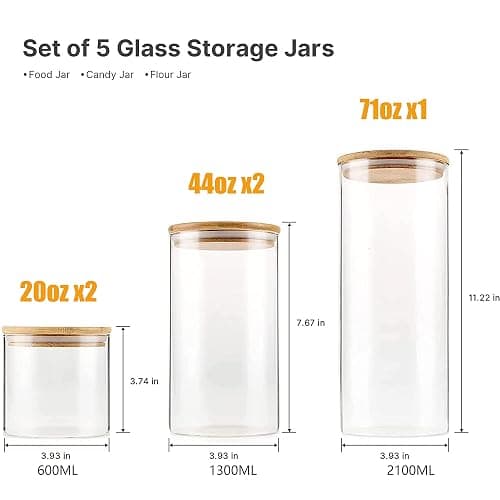 YUNCANG Glass Storage Jars [Set of 5],Clear Glass Food Storage Containers with Airtight Bamboo Lid Stackable Kitchen Canisters for Candy,Cookie,Rice,Sugar,Flour,Pasta,Nuts and Spice Jars - Circular thumbnail 3