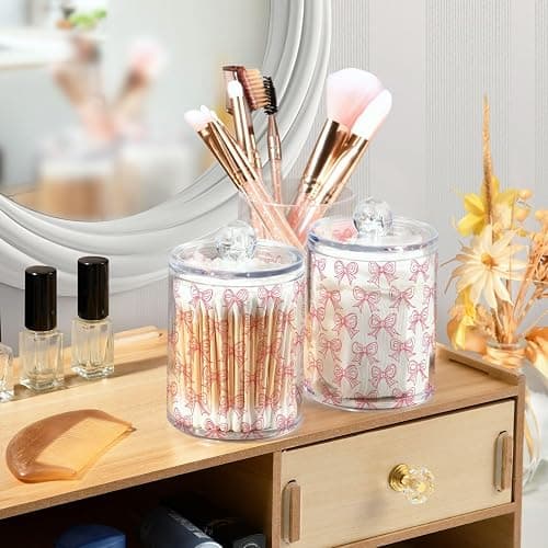 2 Pack Qtip Holder Dispenser with Lids, Cute Pink Bows Plastic Storage Containers, Bathroom Canisters Organizer for Cotton Swab, Cotton Round Pads, Floss 21219887 - 2 Pack - Cute Pink Bows 21219887 thumbnail 5