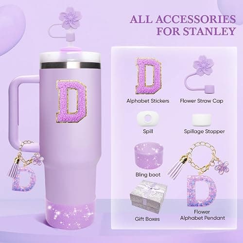 Miglaja Purple Accessories for Stanley Cup 30OZ 40OZ, All Accessories Gift Box Contain Flower Straw Topper, Sillicone Boot, Letter Stickers and Pendants,Spill Stopper Set (Purple D) thumbnail 3
