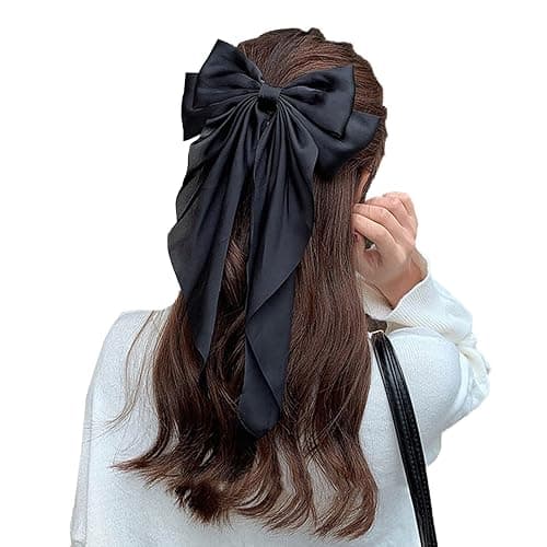 Yuyeran 2Pcs Super Big Bow Hair Clips French Style Soild Color Knotted Bowknot Spring Snap Barrettes Hair Clips with Long Ribbon for Women Girls (WineRed+Black) thumbnail 5