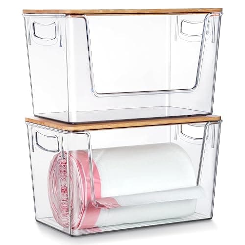 2 Pack Trash Bag Holder Dispenser, Extra Large Garbage Bags Holder, Stackable Trash Bag Holder with Bamboo Top for Laundry Room & Under Sink - Image 1