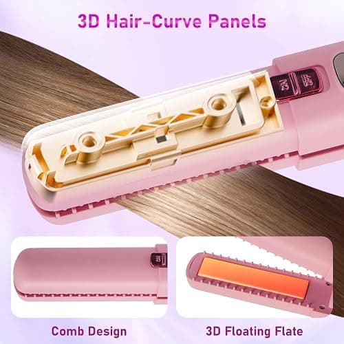 Cordless Hair Straightener, 2 in 1 Ceramic Flat Iron and Curler with Hairpin, 6 Levels of Temperature Adjustment, 4500mAh Battery, Type-C Charging, Portable Hair Straightener for Travel (Pink) thumbnail 4