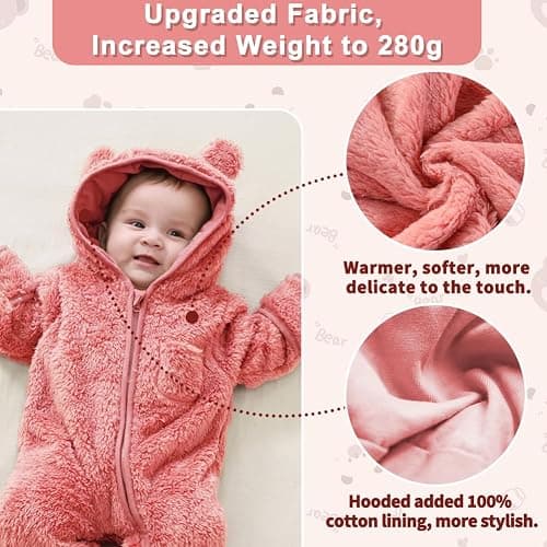 AiWMGL Newborn Baby Bear Outfit With Fold-Over Mittens and Footies Girls Boys Winter Fleece Clothes Hooded Romper Snowsuit thumbnail 4