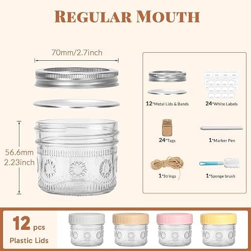 CycleMore 4oz Sunflower Glass Jars 12-Pack with 2 Types of Airtight Lids | Canning Jars With 12 Metal Split + 12 Colorful Plastic Lids. For Jams, Wedding Favors, DIY gifts. Dishwasher Safe BPA-Free thumbnail 3