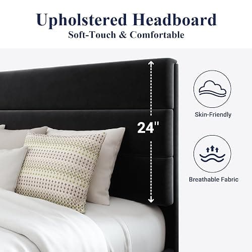 Allewie King Size Platform Bed Frame with Velvet Upholstered Headboard | Wooden Slats Support, Fully Upholstered Mattress Foundation, No Box Spring Needed, Easy Assembly, Noise-Free, Black thumbnail 4
