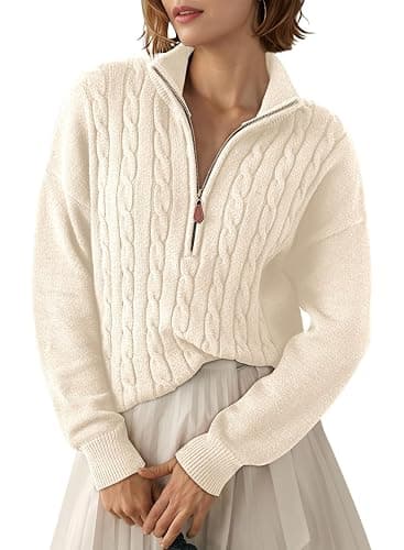 Dokotoo Women's Sweaters 2025 Fall Winter Quarter Zip Casual Ribbed Cable Knit Pullover - Image 1