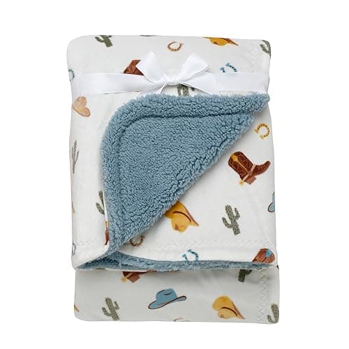 2 Ply Silky Baby Blanket, Reversible, Western Ranch Print (Grey and Cream, 30 in. x 40 in.) - Grey Ranch