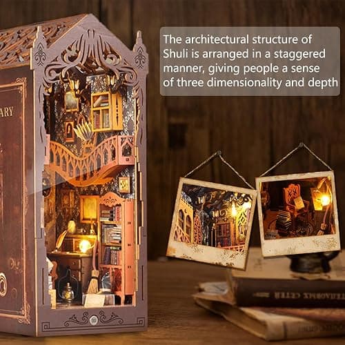 IXYHKB DIY Book Nook Kit, DIY Miniature Dollhouse Book Nook, 3D Wooden Puzzle Art Bookshelf with LED Lights, Creative Wooden Puzzle Bookends, Miniature Bookends Building Model Kit for Adults Teens thumbnail 5