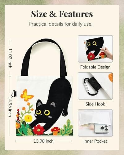 Jeasona Canvas Tote Bag for Women,Cute 3D Black Cat & Flowers Reusable Embroidered Canvas Shoulder Bag thumbnail 6