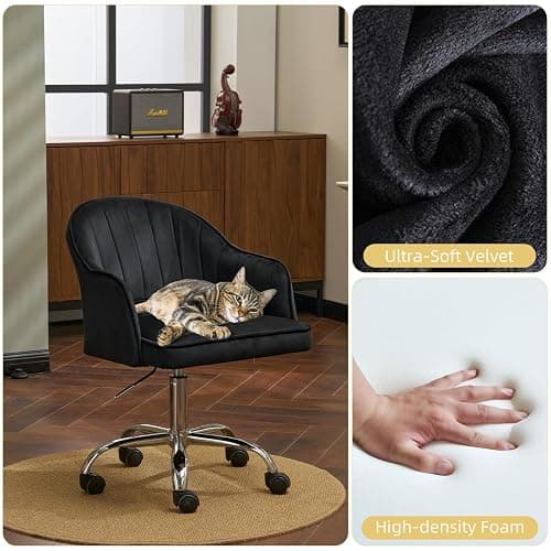 MOJAY Modern Vanity Chair with Wheels, Mid-Back Cutout Velvet Home Office Chair, Swivel Height-Adjustable Soft Seat Cute Desk Chair with Arm Support (Midnight Black) thumbnail 6