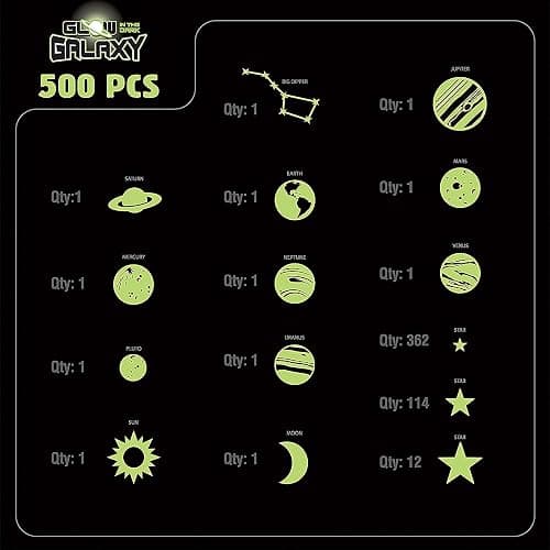 Glow in The Dark Stars for Ceiling, 500-Count, Largest Ceiling Glow Stars Assortment Includes Jumbo Sun, All 9 Planets, Bonus Moon and Entire Big Dipper Constellation Plus More! Stocking Stuffers thumbnail 6