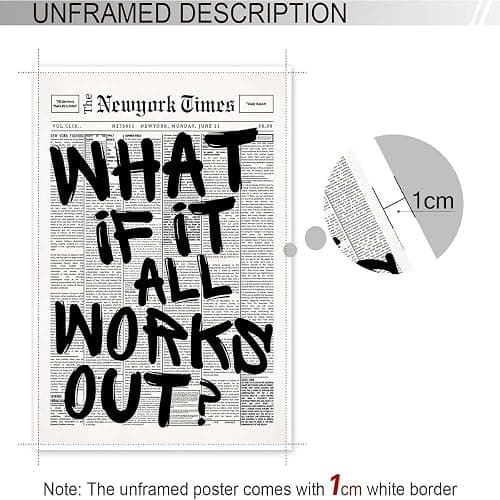 Retro Black And White Newspaper Poster What If It All Works Out Canvas Wall Art Positive Affirming Quote Minimalist Prints Painting For Home Bedroom Dorm Wall Decor 8x12in Unframed thumbnail 3