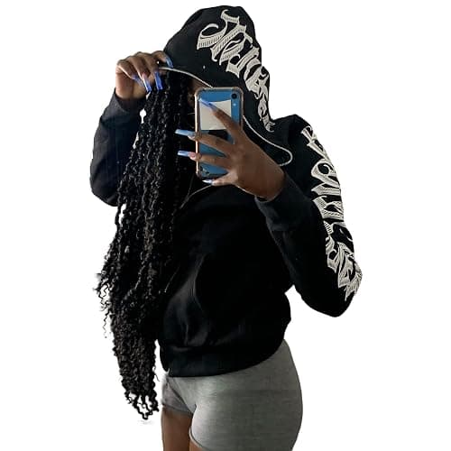 PLAYPUNK Women Zip Up Hoodie Y2k Letter Graphic Print Rhinestone Oversized Hoodies Gothic Jacket Vintage Streetwear thumbnail 5